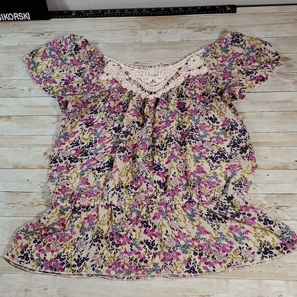 Roper Semi-Sheer Floral Lace Front Elastic Neckline & Waist Western Shirt Top M